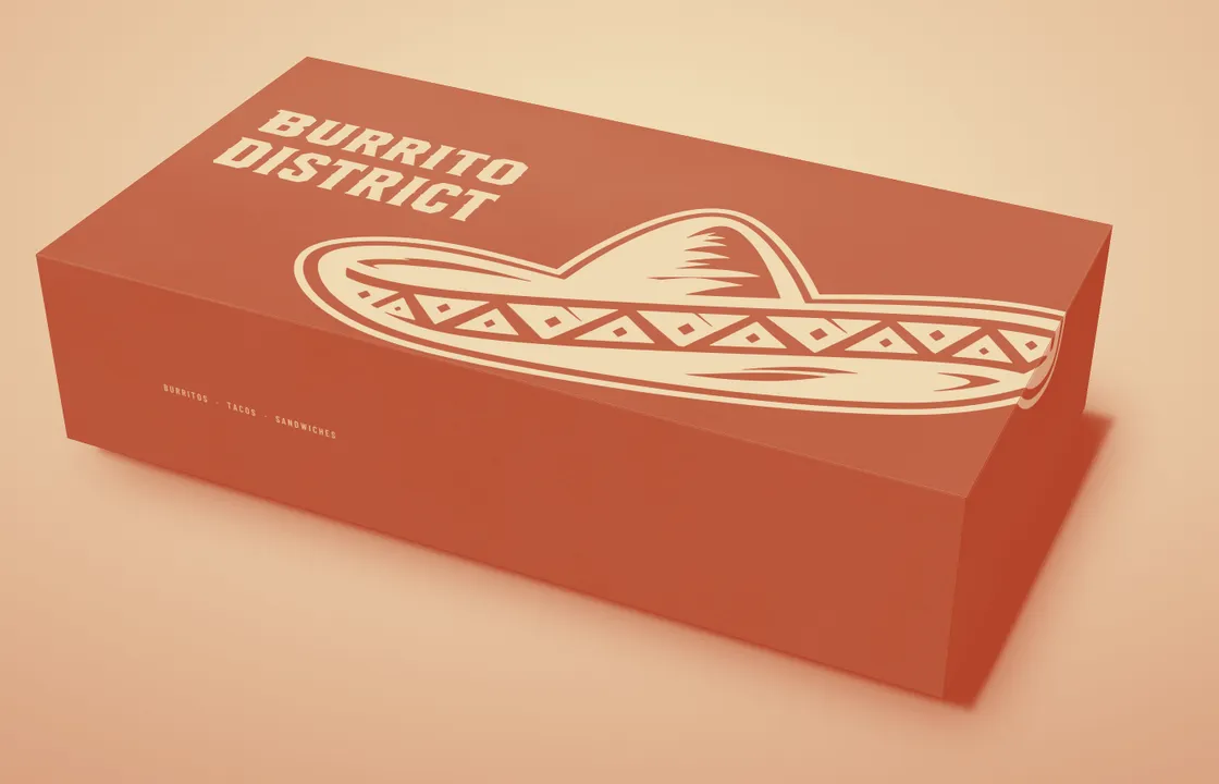 The Burrito District taco box: terracotta with a cream hat across the lid.